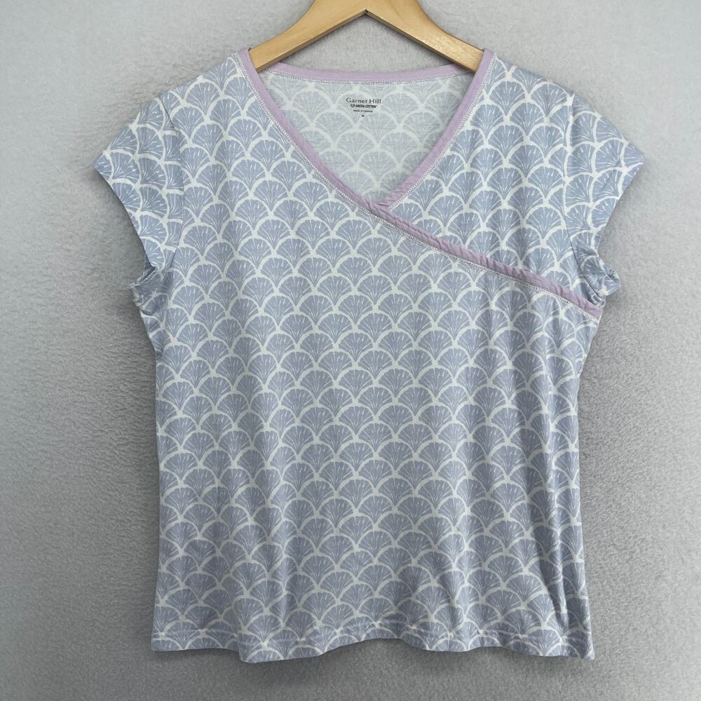GARNET HILL Pajama Top M Asian Wrap Organic Cotton Short Sleeve Blue